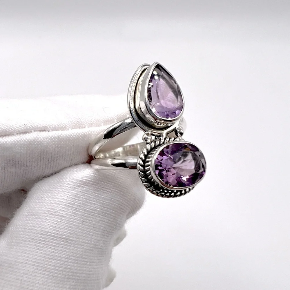 Genuine Faceted Amethyst Oval & Tear Drop .925 Sterling Silver Ring - Picture 4 of 17